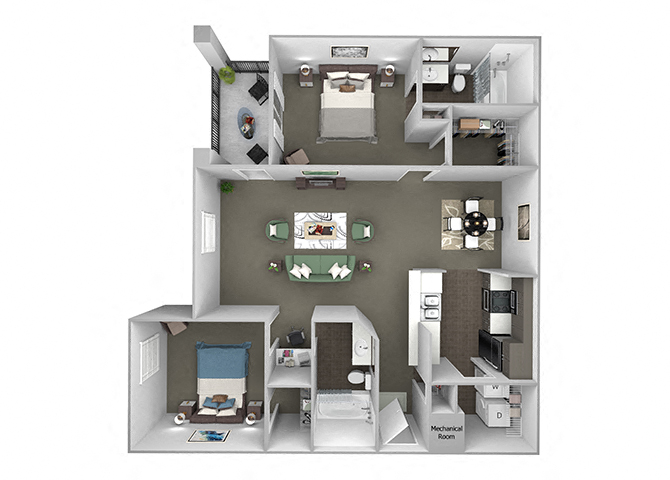 Floor plan for 2 beds, 2 baths, 1131 sqft